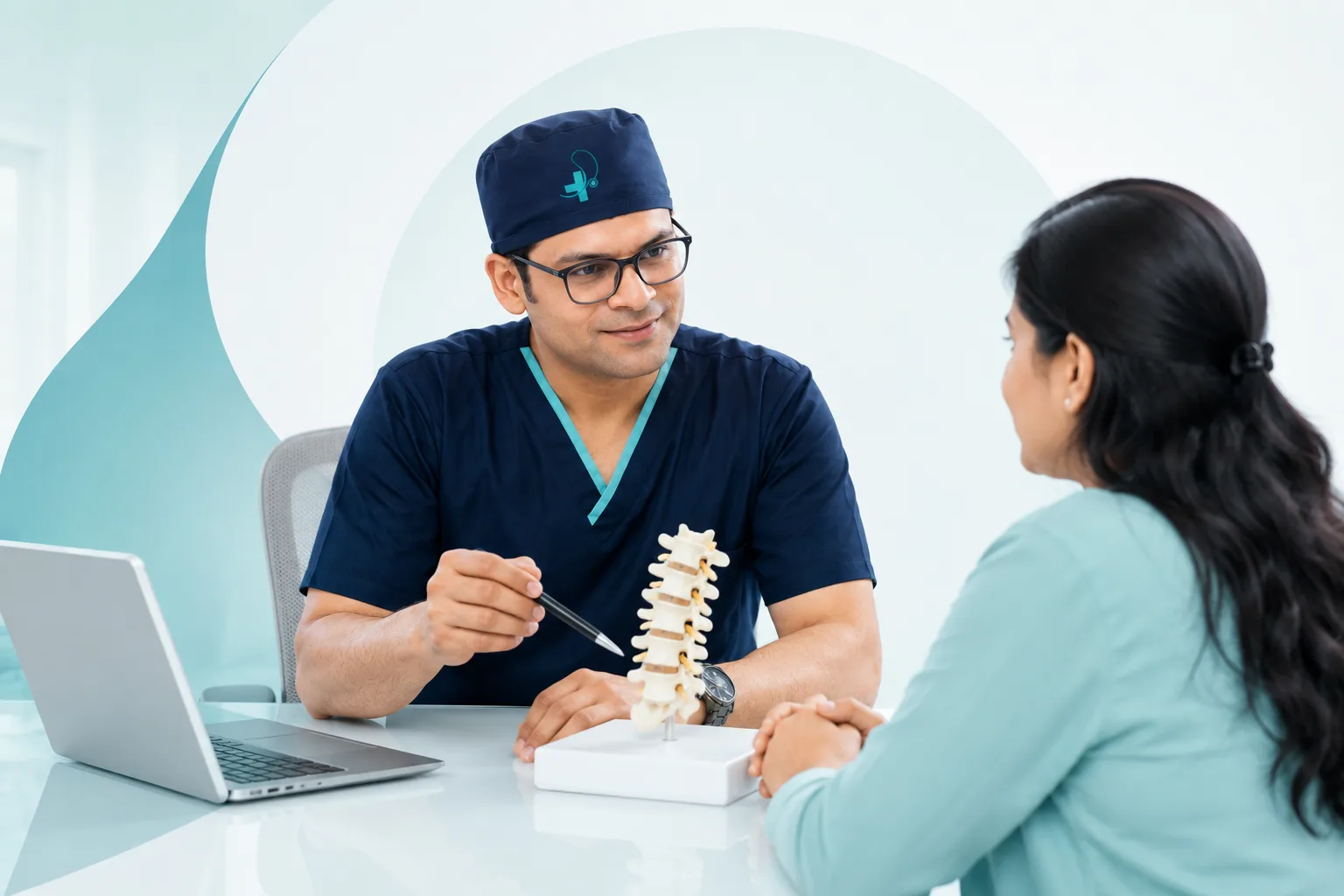 Dr. Dipanshu Narula explaining spine reports during a patient consultation